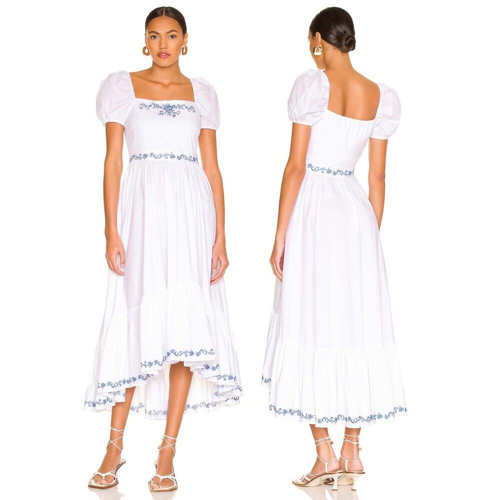 Caroline Constas Hayden Embroidered Midi Dress Cottage Milkmaid Boho Preppy XXS